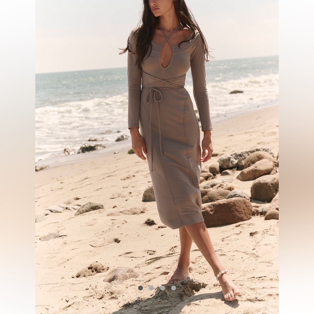 Free People Jillian Long Sleeve Plunge V Neck Reversible Wrap Tie Midi Dress